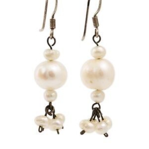 Vintage Genuine Pearl Sterling Silver Dangle Earrings Beaded Cluster Fringe